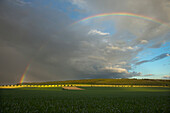 Rainbow with thunderclouds, Solling, Lower Saxony, Germany