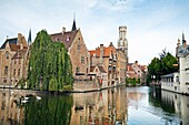 Rozenhoedkaai Quay of the rosary with Belfort tower, Brugge, Bruges, Flanders, Belgium.