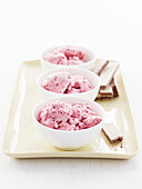 Bowls of ice cream on tray. CherrySemiFreddo, Chocolate Wafers, Cherry Ice Cream