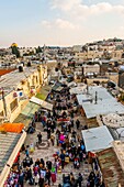 Overview of the street market on El Wad Road in the Old City, near the Damascus Gate, seen from the 16th century ramparts, Jerusalem, Israel