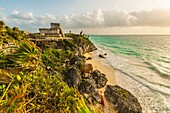 El Castillo The Castle at Tulum, which is the site of a Pre-Columbian Maya walled city serving as a major port for Cobá on the Caribbean Sea, Riviera Maya, Mexico