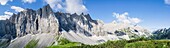 Karwendel Mountain Range between Hochjoch and Birkkar-Spitze, Austria  The sheer north faces of the Laliderer Waende are milestones in the alpine climbing history  The mountain hut Falkenhuette is a popular destination for climbers, mountainbiker and hike