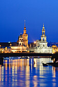 View over the river Elbe towards the barock historic city of Dresden at night, Dresden, Saxony, Germany