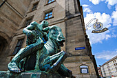 New town hall with sculpture of Bacchus riding on a drunken donkey by Georg Wrba, Dresden, Saxony, Germany