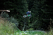 Freeride Mountainbiker im Sprung, Chatel, Haute-Savoie, Frankreich