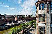 View to the Speicherstadt and the Bei Street of Hamburg, Hamburg, Germany