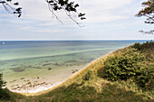 View over the sea, steep coast, beach, grass, Hoellenliet, Wittow Peninsula, Island of Ruegen, Mecklenburg West-Pomerania, Germany