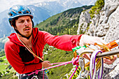 Climbing at Klobenjoch, Rofan-Mountains, Maurach, Tyrol, Austria