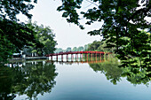 The Huc bridge at the Hoan Kiem lake, Hanoi, Vietnam, Asia