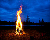 A tall bonfire with flames leaping up, at night. Silhouettes of trees and landscape.