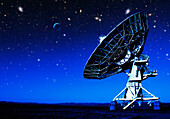 Radio telescopes in the landscape in New Mexico. Night.  Antennae in rows.
