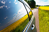 A car with closed windows parked on a road through farmland. A bright yellow flowering crop in a field, reflected in the car window.
