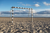 A black and white painted goal on the sand at the beach resort of Parnu