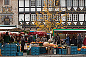 Medieval market square in the old town with Gewandhaus and Rueninger Customs House, Brunswick, Lower Saxony, Germany