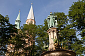 Hagenmarkt Braunschweig, Heinrichsbrunnen am Hagenmarkt mit Katharinenkirche im Hintergrund, Braunschweig, Niedersachsen, Deutschland