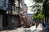 Magni district with historic half-timber houses and cafes, Brunswick, Lower Saxony, Germany