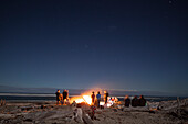 Lagerfeuer am Strand,Gruppe Menschen schart sich um offenes Feuer am Strand unter Sternhimmel,Westküste,Südinsel,Neuseeland