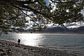 Gegenlicht am Ufer von Lake Wakatipu, Spaziergänger am Lake Wakatipu, Südinsel, Neuseeland