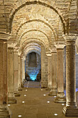 Beleuchtete Säulen der langobardischen Krypta von San Salvatore, Abbadia San Salvatore di Monte Amiata, Toskana, Italien