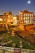 Illuminated Roman Forum at night with temple of saturn in the middle, UNESCO World Heritage Site Rome, Rome, Latium, Lazio, Italy