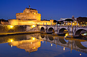Castel Sant´Angelo above the Tiber river at night, illuminated, UNESCO World Heritage Site Rome, Rome, Latium, Lazio, Italy