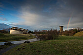 Rainbow over the way, museum on the grounds of former NATO rocket-base with rainbow, Langen Foundation,  near Neuss, North Rhine-Westphalia, Germany