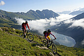 Mountain biker at Col des Anderets, Col du Pillon, Gstaad, Saanenland, Bernese Oberland, Switzerland, Europe