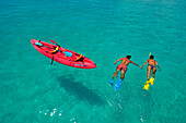 Couple snorkelling, Saint Regis Bora Bora Resort, Bora Bora, Society Islands, French Polynesia, Windward Islands, South Pacific