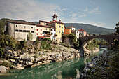 View at village Kanal and river Soca around Tolmin, Primorska, Slovenia
