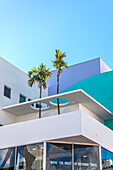 Modern architecture with palm trees on Collins Avenue, Art Deco District, South Beach, Miami, Florida, USA