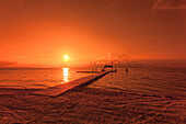 Beach with landing stage in the morning light at sunrise, Moorings Village Resort, Islamorada, Florida Keys, Florida, USA