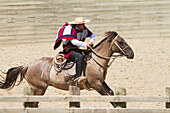 Huaso on horseback during a Chilean rodeo at the medialuna of Estancia El Cuadro, Casablanca Valley, Valparaiso Region, Chile