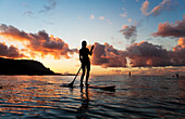 Hawaii, Kauai, Woman stand up paddling in ocean, Beautiful sunset.