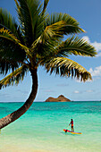 Hawaii, Oahu, Lanikai Beach, Female Stand Up Paddler on her way to the Mokulua Islands.