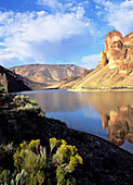 Southeast Oregon, Lake Owyhee at Leslie Gulch, Reflections of rock in lake.