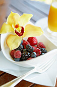 Hawaii, Maui, Balcony, Breakfast fresh Fruit Bowl with Orchid garnish.