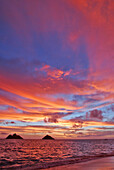 Hawaii, Oahu, Lanikai, A colorful pink sunrise over the Mokulua islands.
