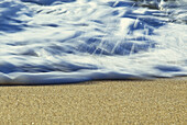 Hawaii, Ripple of water and seafoam breaks on sandy shore.