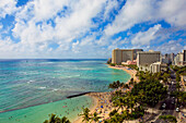 Hawaii, Oahu, Waikiki, View of the Pacific Ocean, Waikiki Beach, and famous hotels.