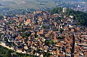 France, Nièvre (58), Sancerre, village Vigneron, located on a rocky outcrop overlooking the Loire and the vineyards of Sancerre, (aerial photo)
