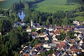 France, Nièvre (58), Mesves-sur-Loire village on the banks of the Loire, in the nature reserve of the Loire valley, (aerial photo)