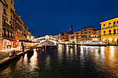 The Grand Canal with Rialto bridge at dusk, Venice, Venetia, Italy, Europe