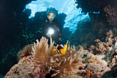 Scuba Diver inside Cave, Paradise Reef, Red Sea, Egypt