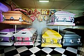 Coffins at a funeral home, Port Antonio, Jamaica, West Indies, Caribbean, Central America.