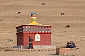 China, Gansu, Amdo, Xiahe region, Old woman doing a kora circumambulation around a lonely chorten