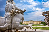 Schönbrunn Palace and gardens from Neptune fountain, Vienna, Austria, Europe