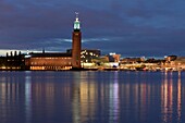 city hall with Riddarfjärden at night, Stockholm, Sweden