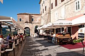 Restaurants within the city gates in Josef Ressel square, Motovun, Central Istria, Croatia