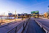 Terraces with benches, modern architecture in the twilight, Kaiserkai, Grasbrook harbour, HafenCity, Hamburg, Germany