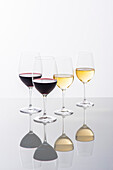 Two glasses of red wine and two glasses of white wine with reflection, Hamburg, Northern Germany, Germany